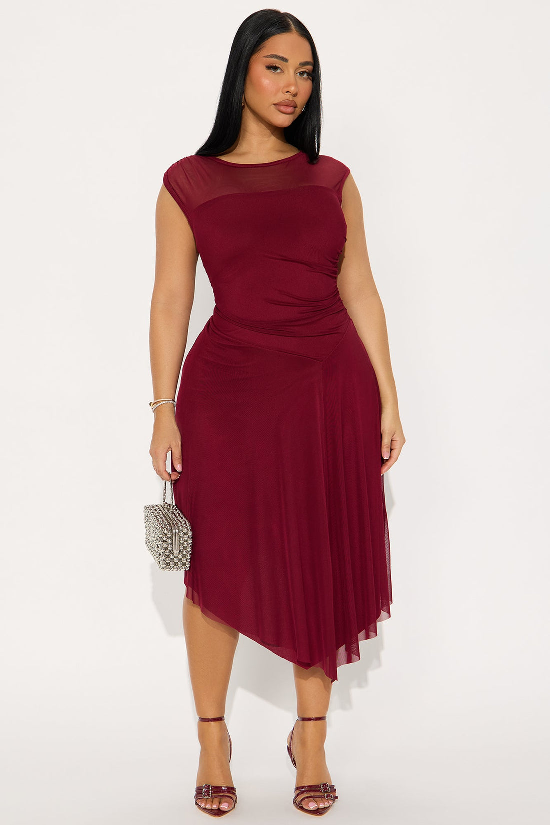 Ayla Asymmetrical Mesh Midi Dress - Wine