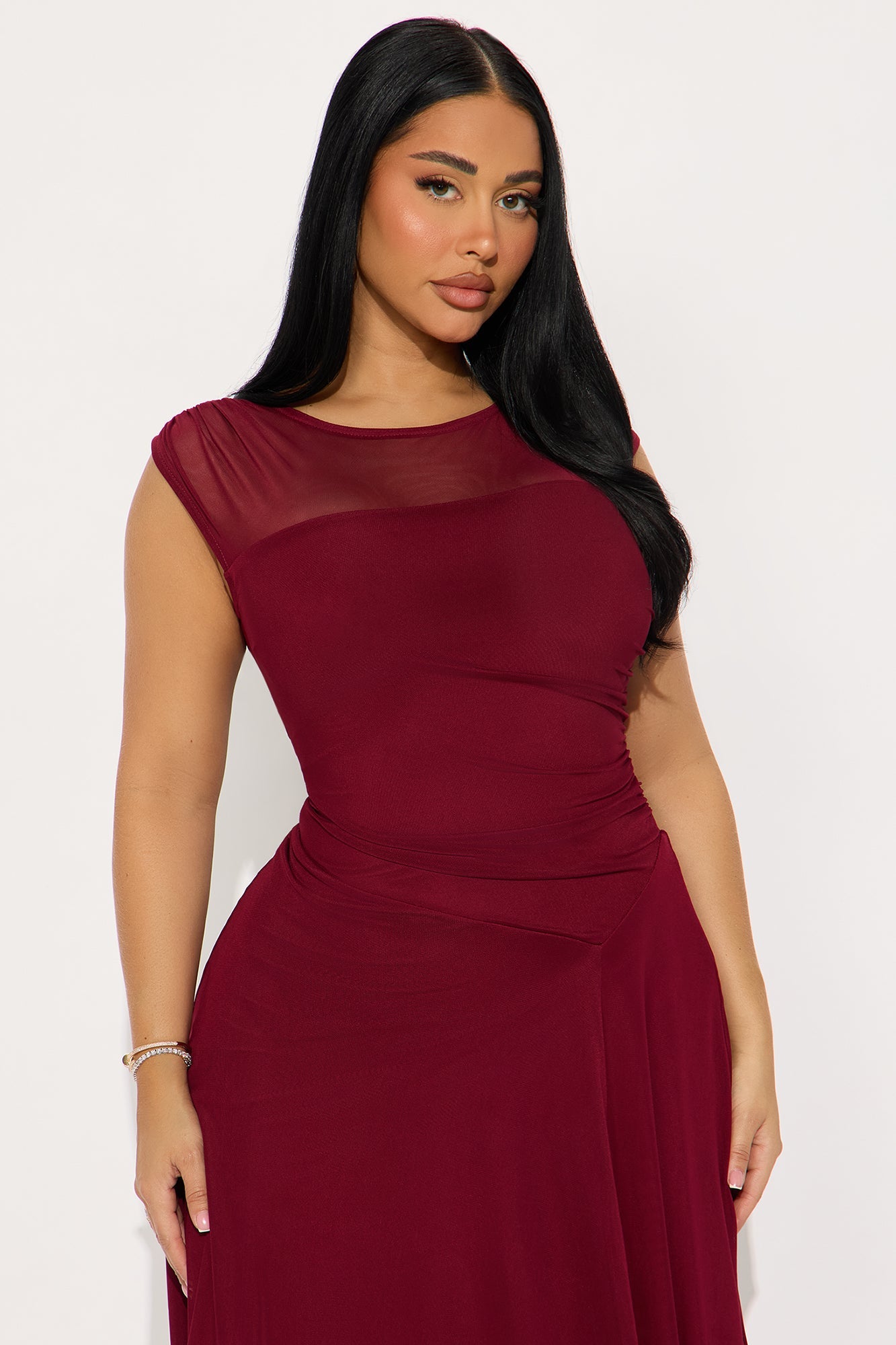 Ayla Asymmetrical Mesh Midi Dress - Wine