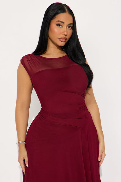 Ayla Asymmetrical Mesh Midi Dress - Wine