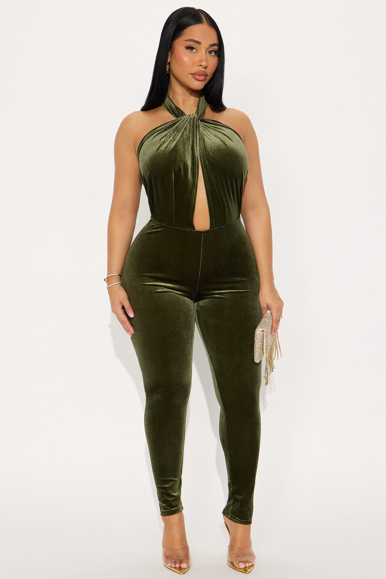 Jenni Velvet Backless Halter Jumpsuit - Dark Olive