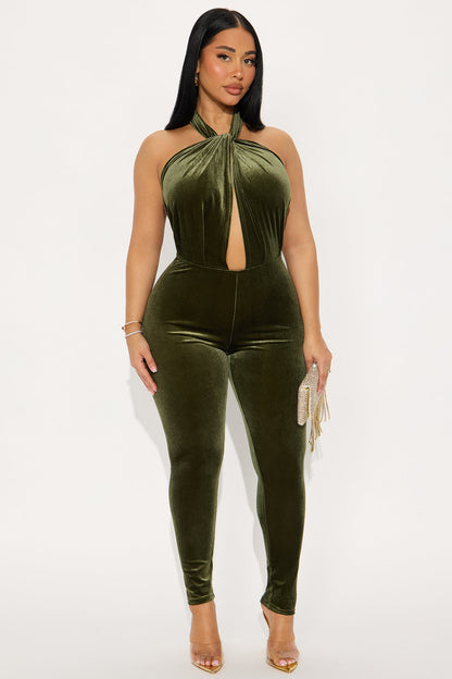 Jenni Velvet Backless Halter Jumpsuit - Dark Olive