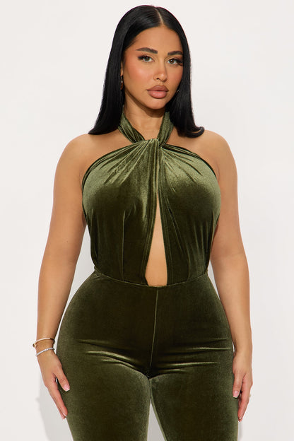 Jenni Velvet Backless Halter Jumpsuit - Dark Olive