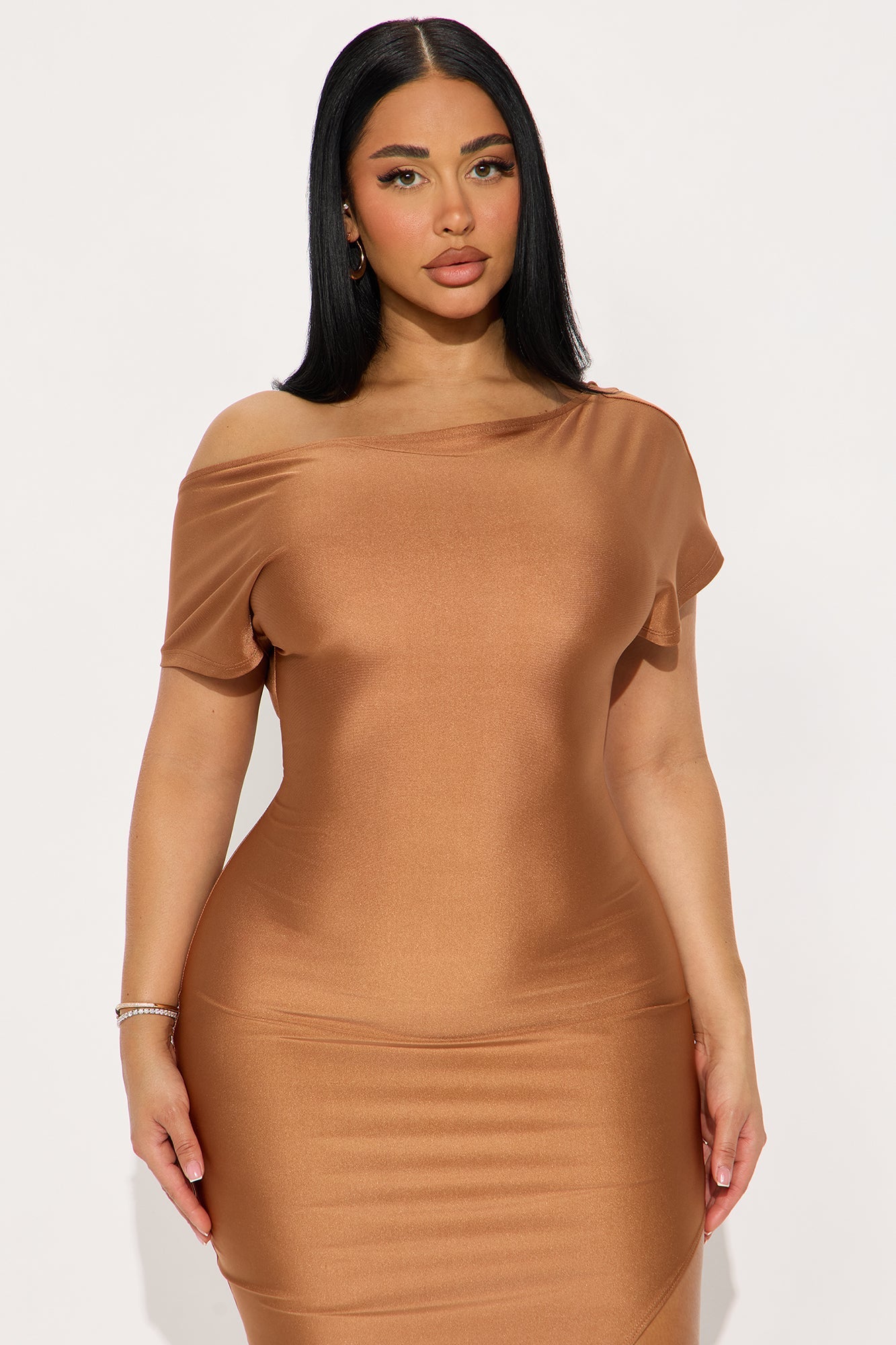 Serene Escape Stretch Shine Midi Dress - Mocha