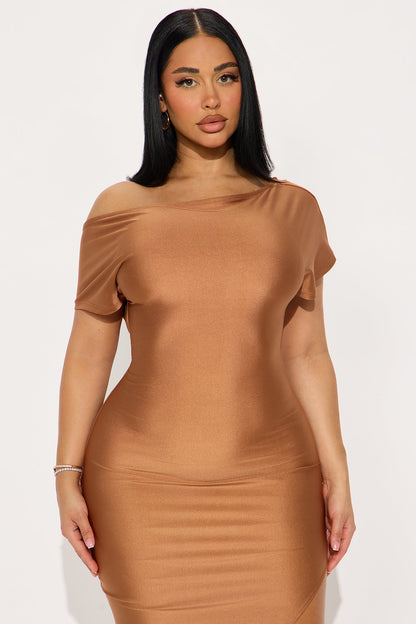 Serene Escape Stretch Shine Midi Dress - Mocha