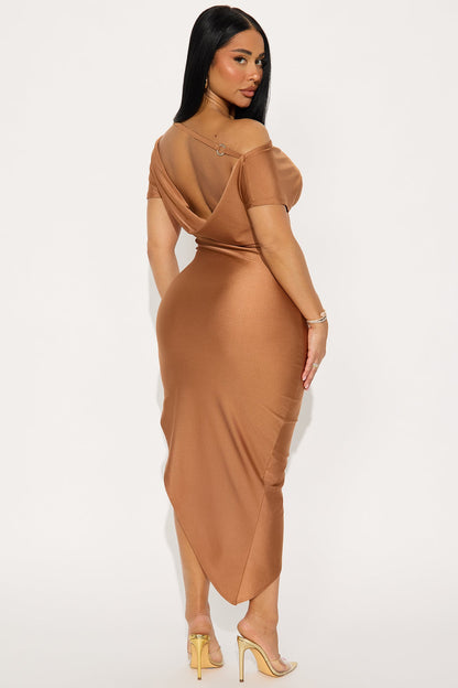 Serene Escape Stretch Shine Midi Dress - Mocha