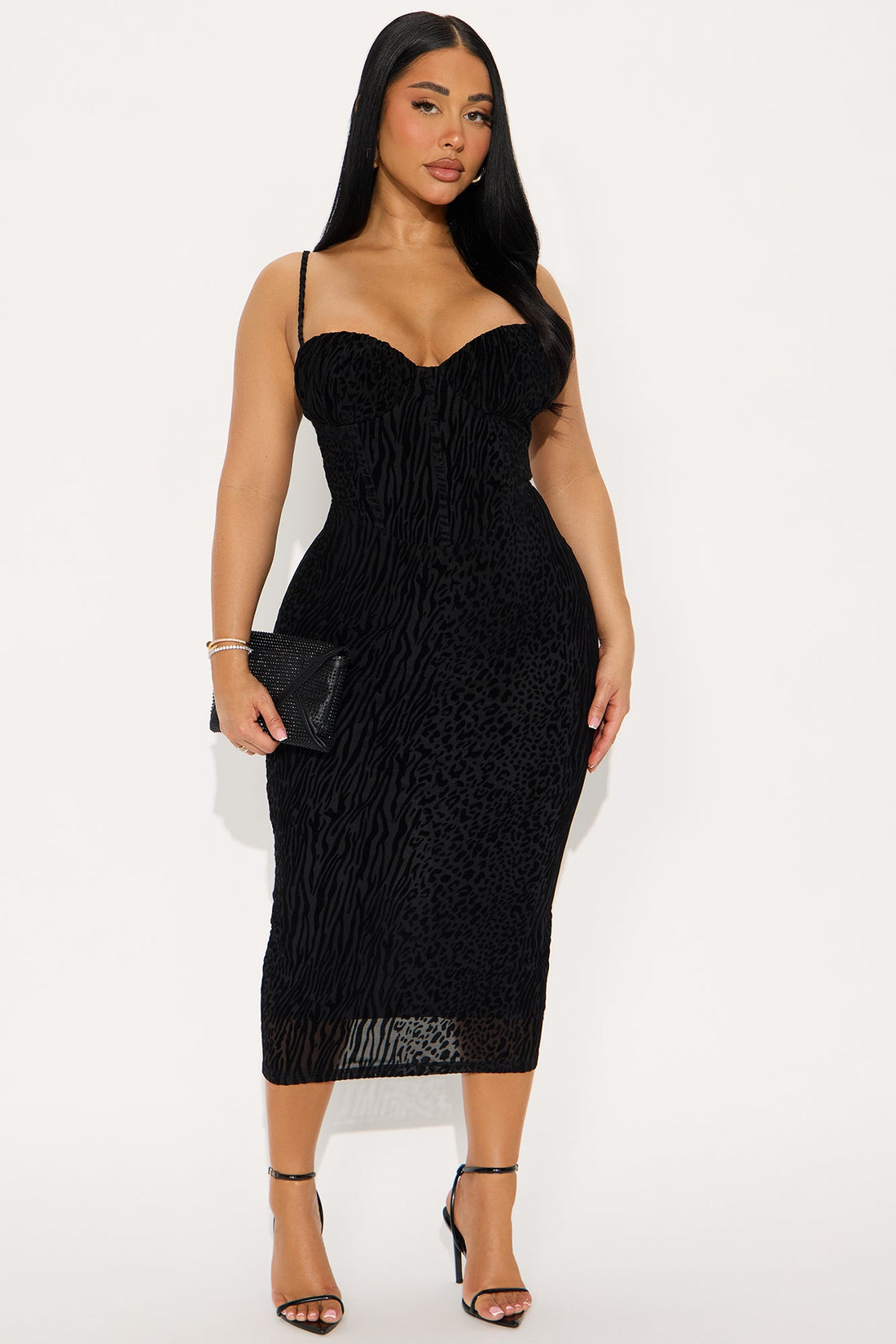 Gianna Flocked Mesh Midi Dress - Black