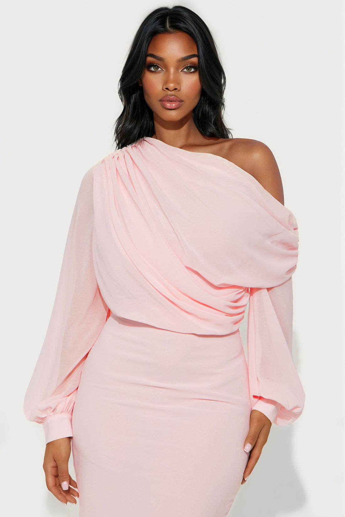 Sneak Peek One Shoulder Chiffon Midi Dress - Blush