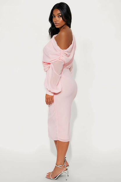 Sneak Peek One Shoulder Chiffon Midi Dress - Blush