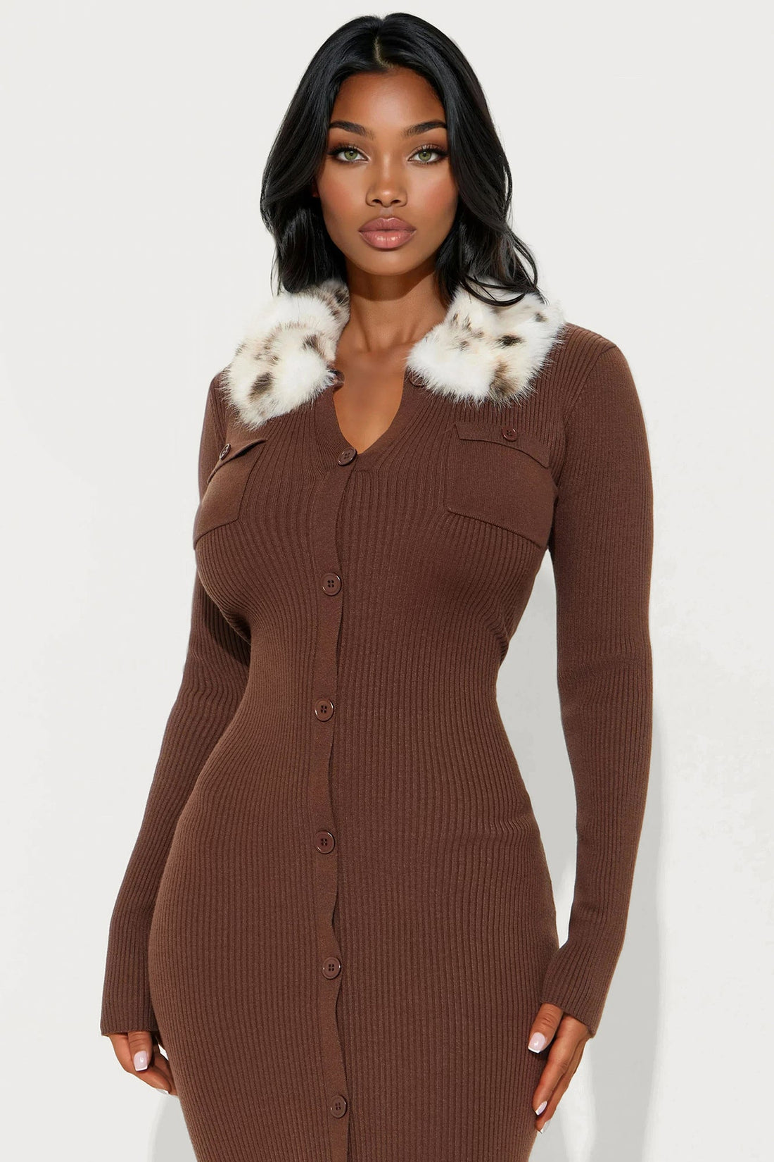 Sundown Leopard Fur Trim Sweater Midi Dress - Chocolate