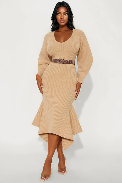 Bria Belted Sweater Midi Dress - Mocha