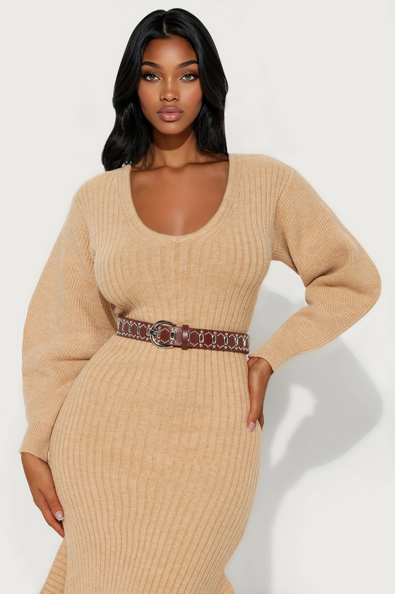 Bria Belted Sweater Midi Dress - Mocha