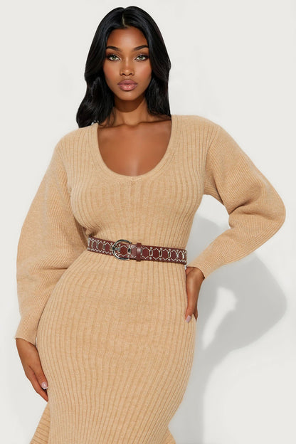 Bria Belted Sweater Midi Dress - Mocha