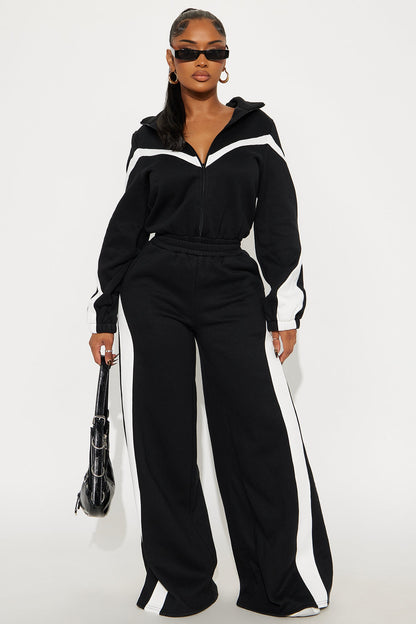 Feel It Out Fleece Wide Leg Jumpsuit - Black/White