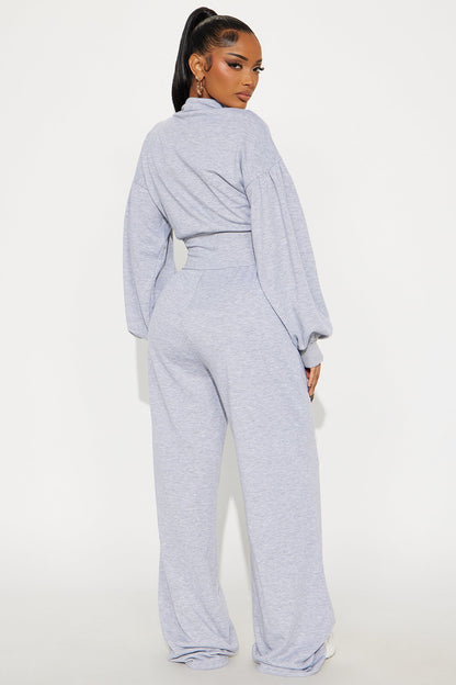 Make You Work French Terry Wide Leg Jumpsuit - Heather Grey