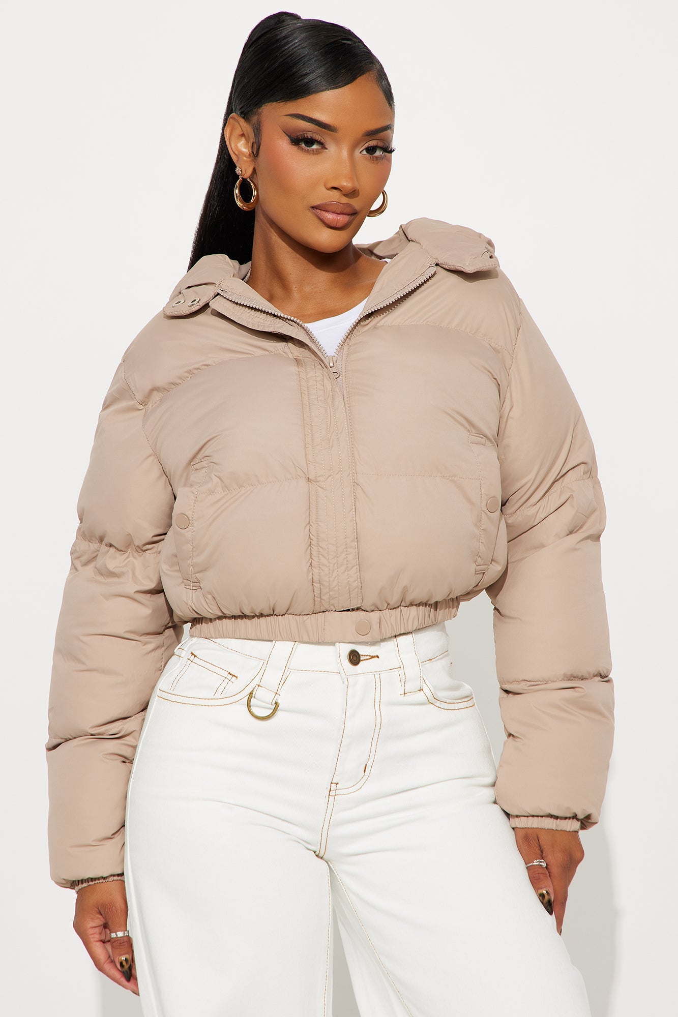 Dakota Cropped Hooded Puffer Jacket - Taupe