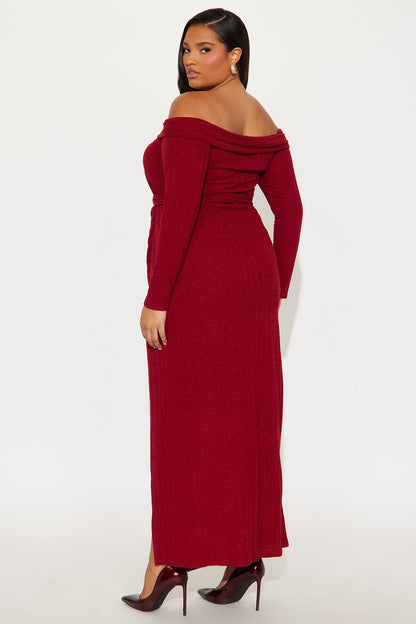Selene Off Shoulder Sweater Maxi Dress - Burgundy
