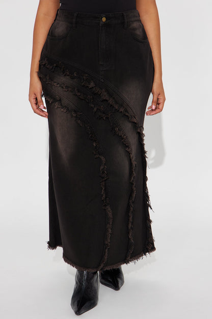 Out Past Curfew Washed Denim Maxi Skirt - Black Wash