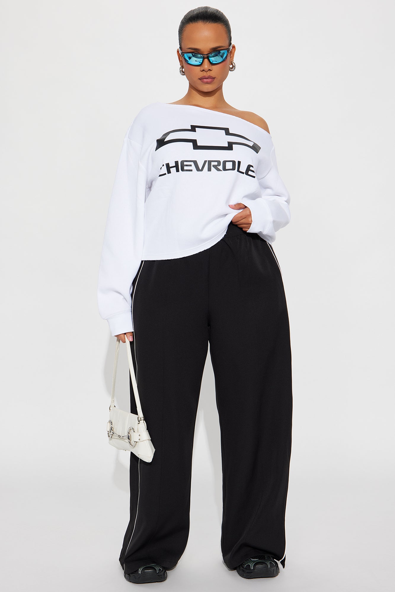Chevrolet Off Shoulder Fleece Sweatshirt - White