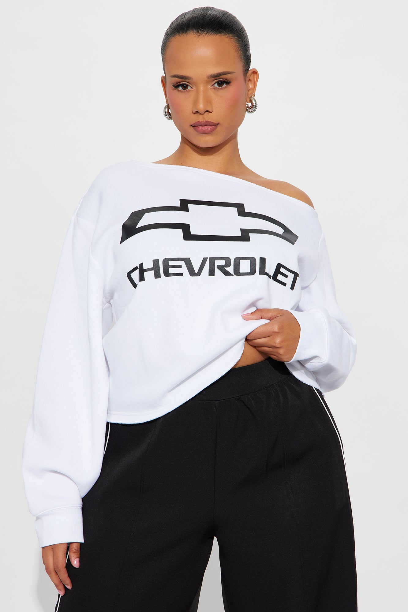 Chevrolet Off Shoulder Fleece Sweatshirt - White