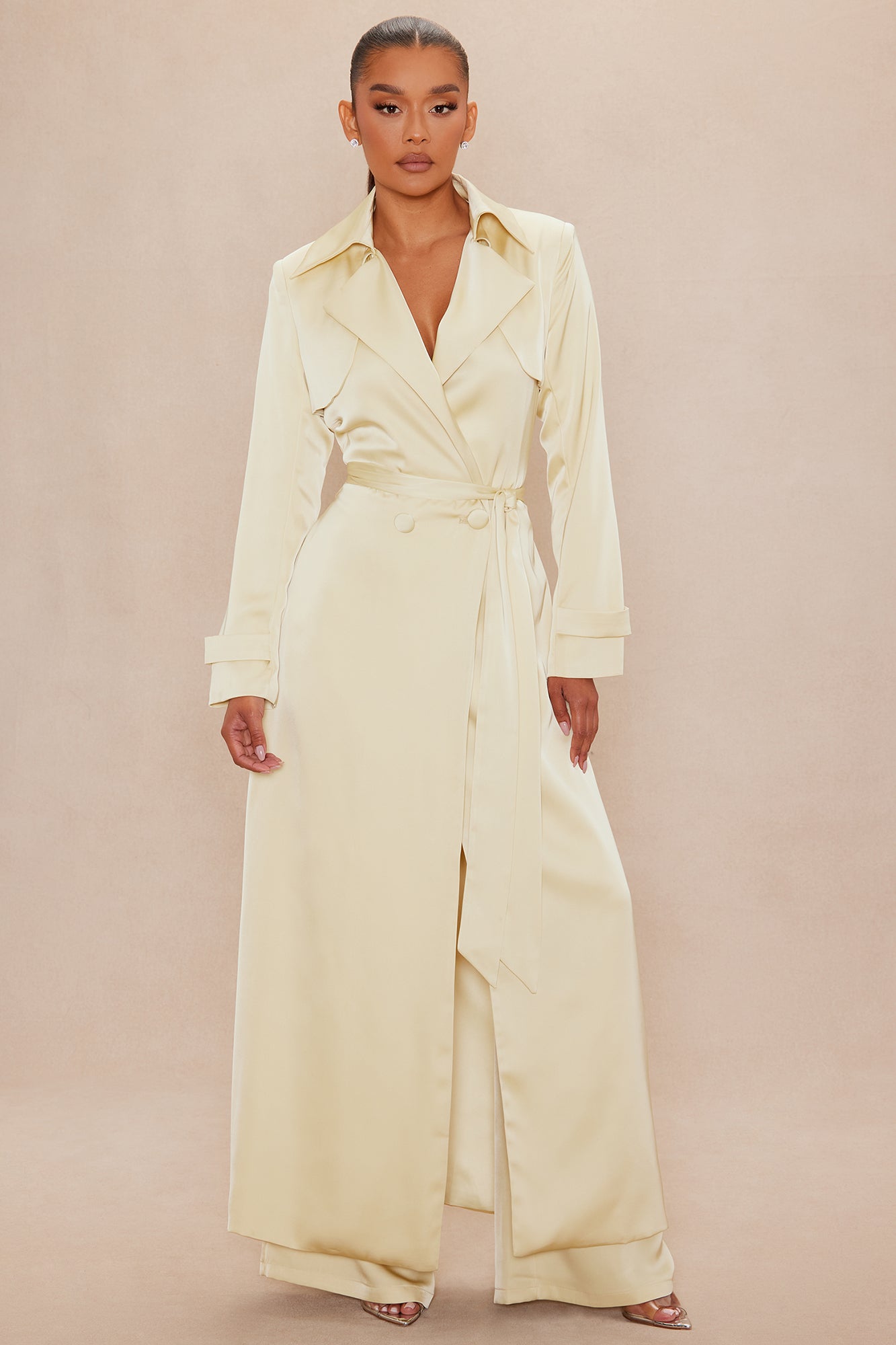Gabriella Satin Trench Coat And Pant Set - Butter Yellow