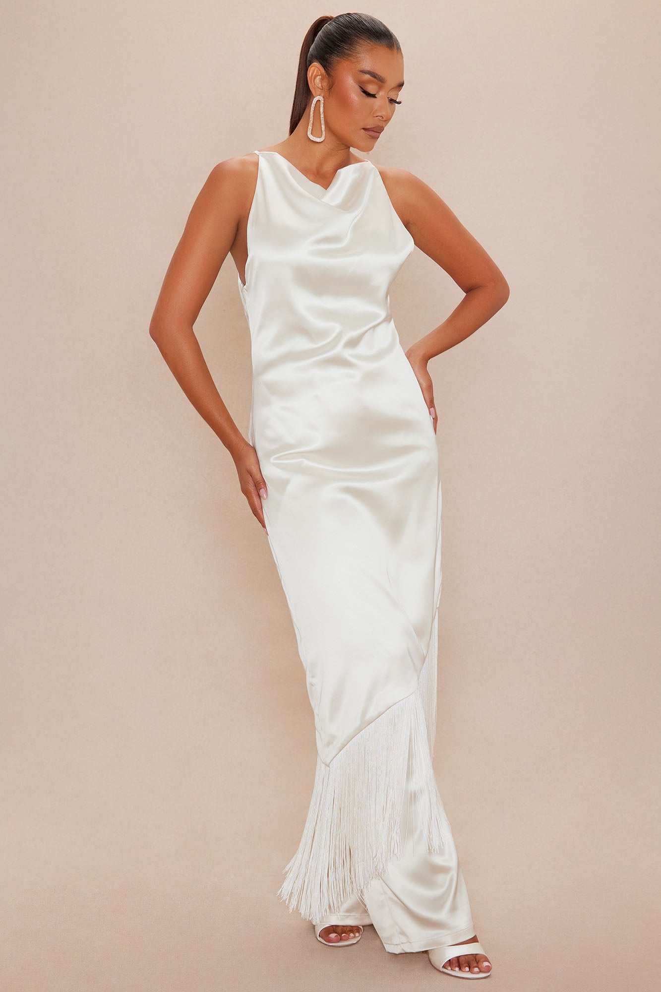Ceile Fringe Satin Pant Set - Cream