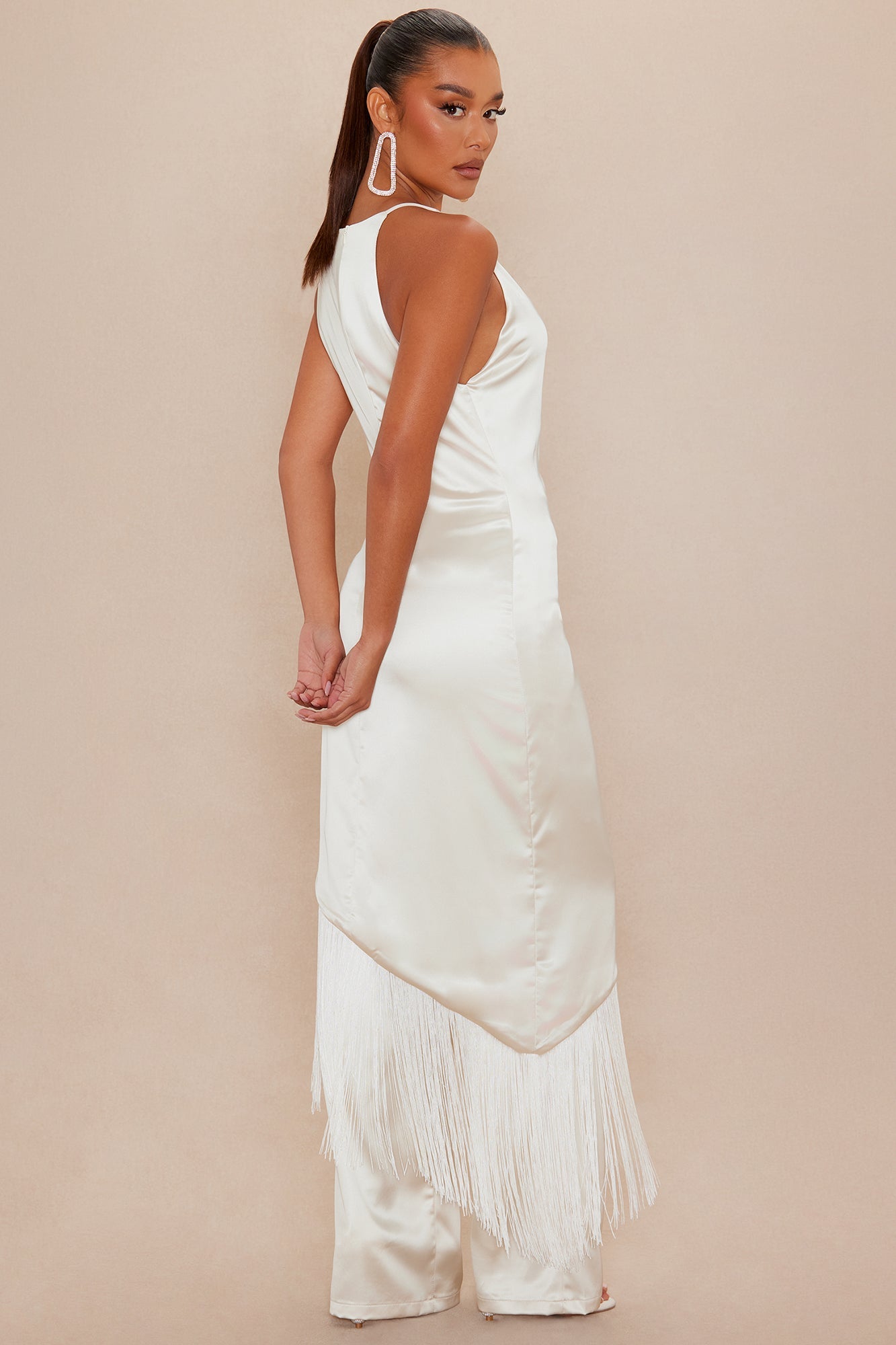 Ceile Fringe Satin Pant Set - Cream