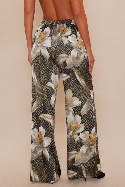 Alia Satin Wide Leg Pant - Green/combo