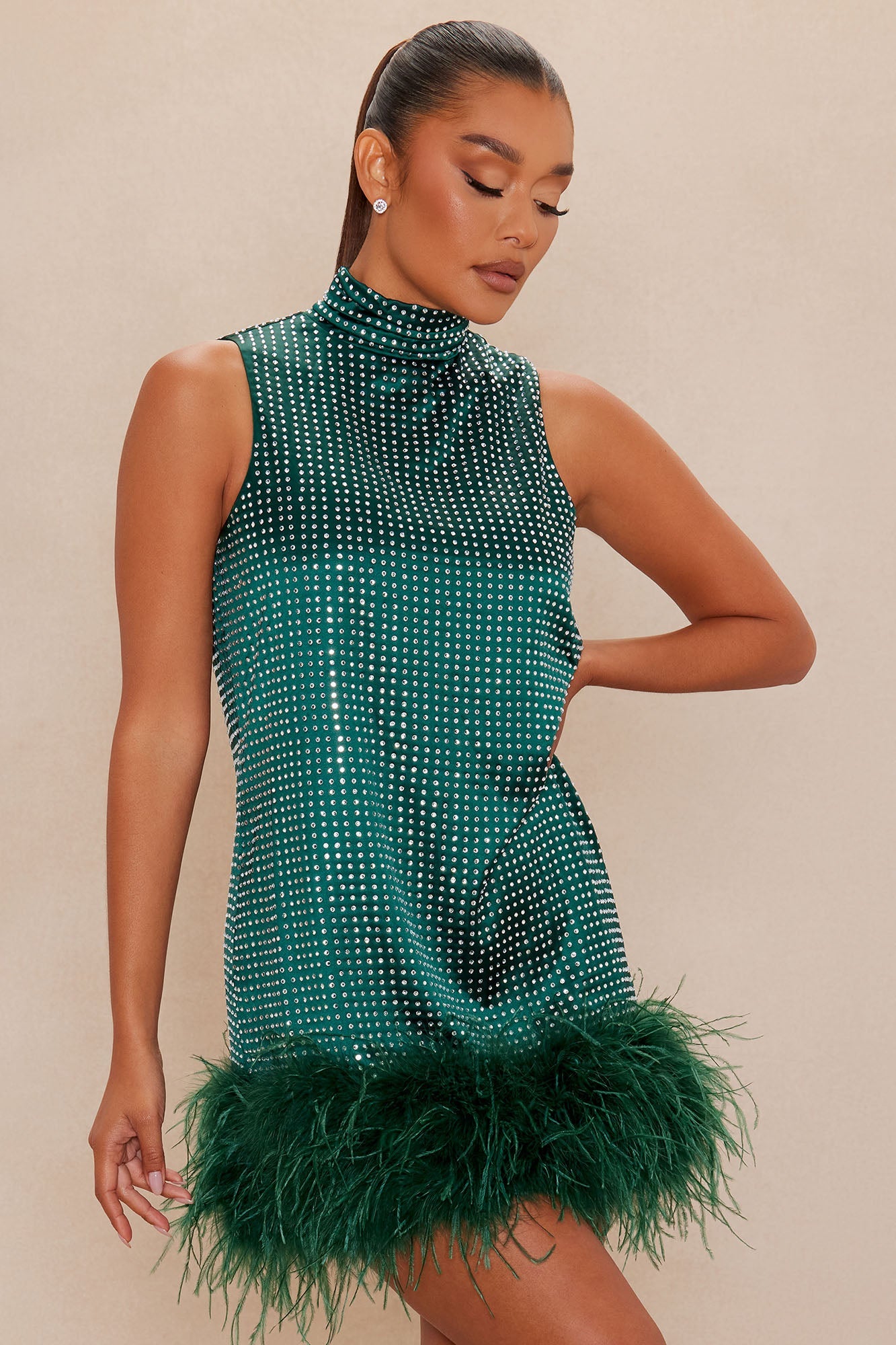 Juno Rhinestone Feather Mini Dress - Hunter