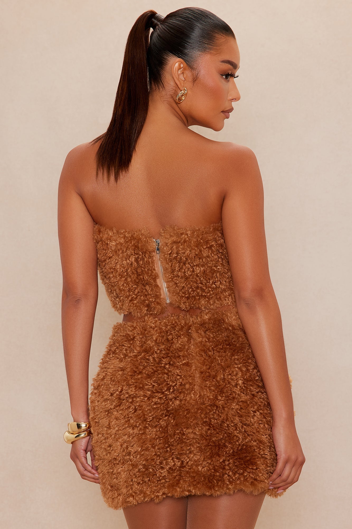 Arden Sherpa Fur Mini Skirt Set - Camel