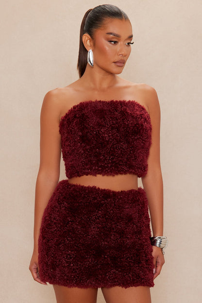 Arden Sherpa Fur Mini Skirt Set - Burgundy