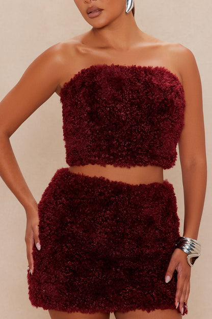 Arden Sherpa Fur Mini Skirt Set - Burgundy