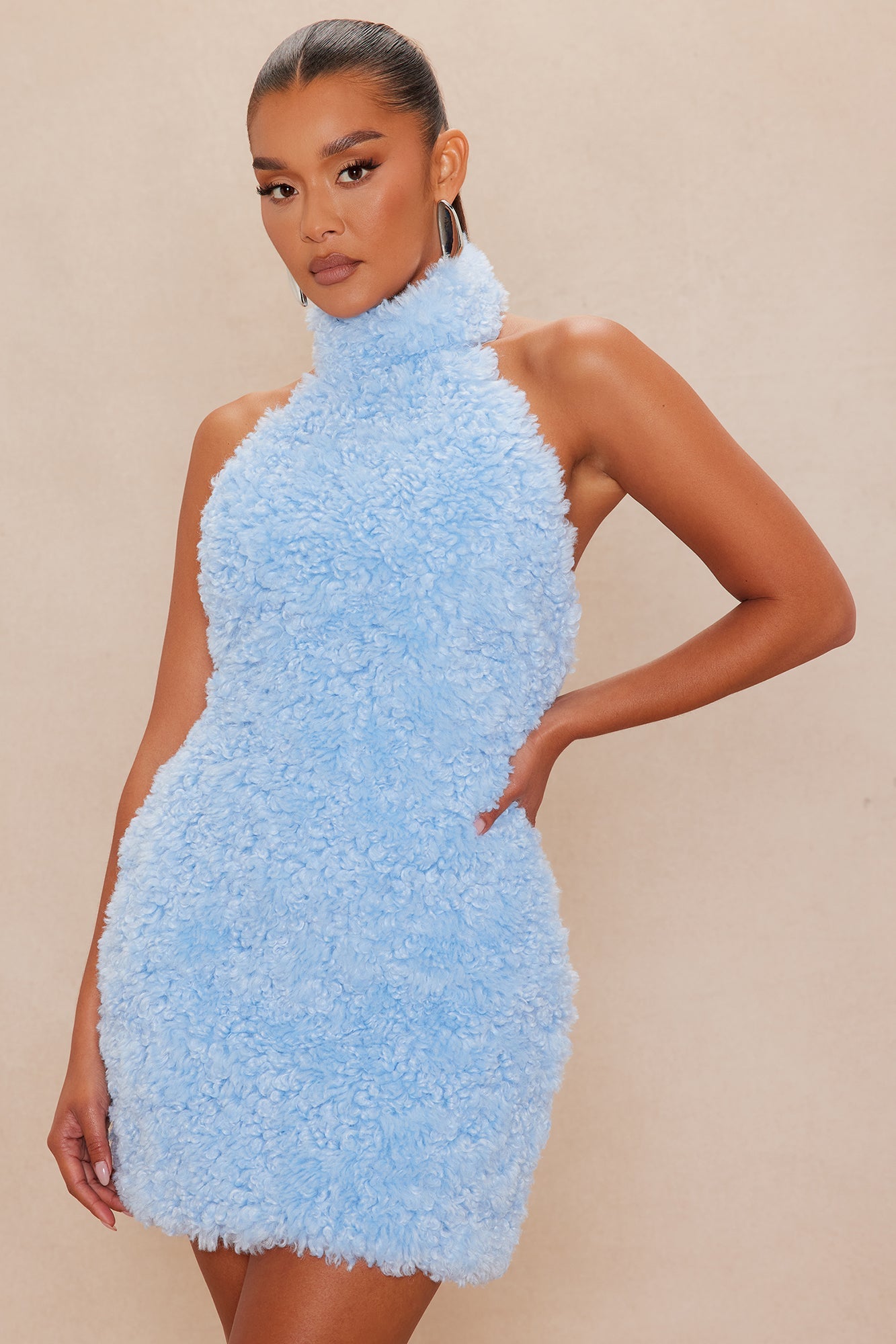 Arden Sherpa Fur Halter Mini Dress - Light Blue