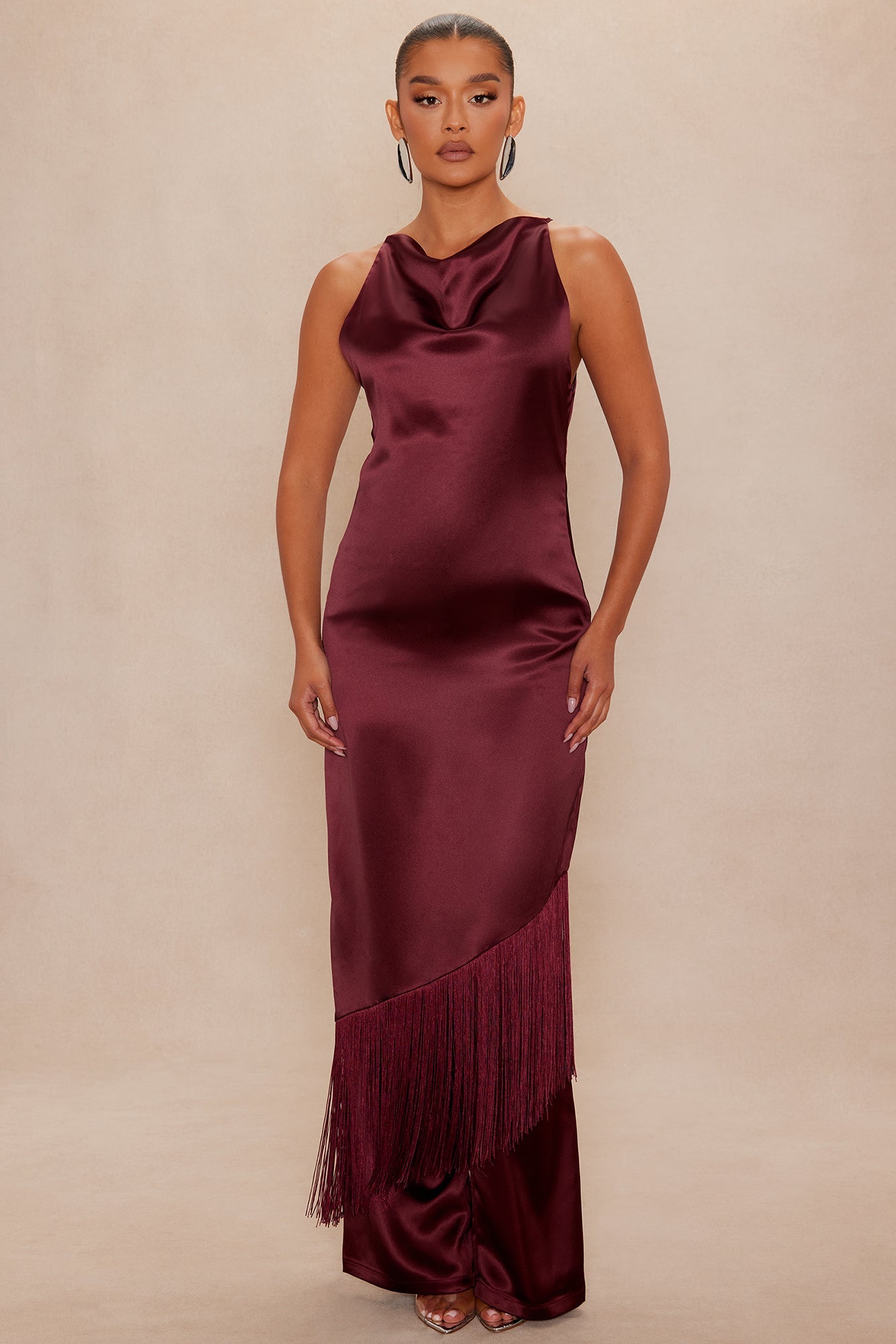 Ceile Fringe Satin Pant Set - Burgundy