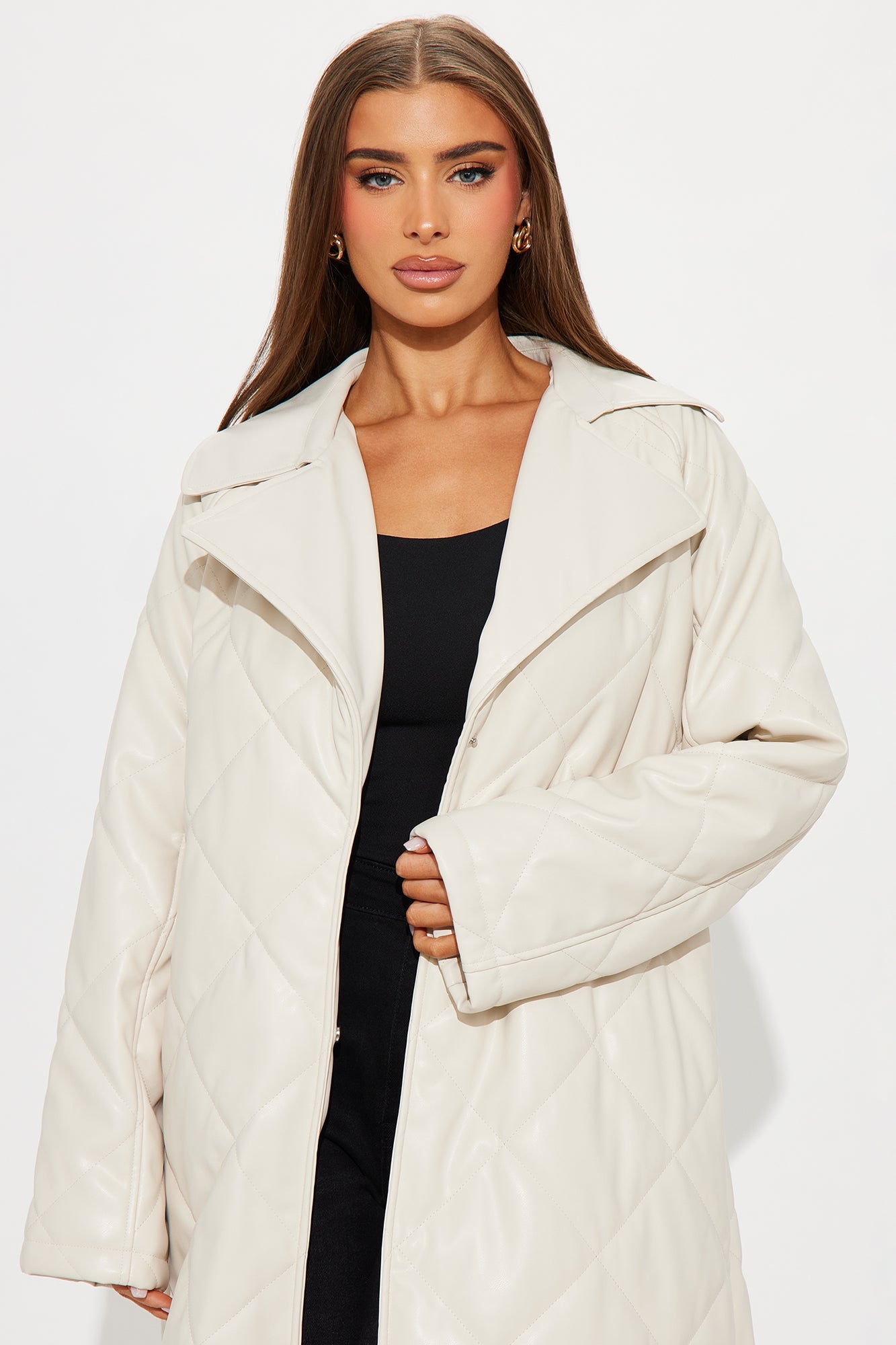 Fabiola Quilted Faux Leather Trench Coat - Stone