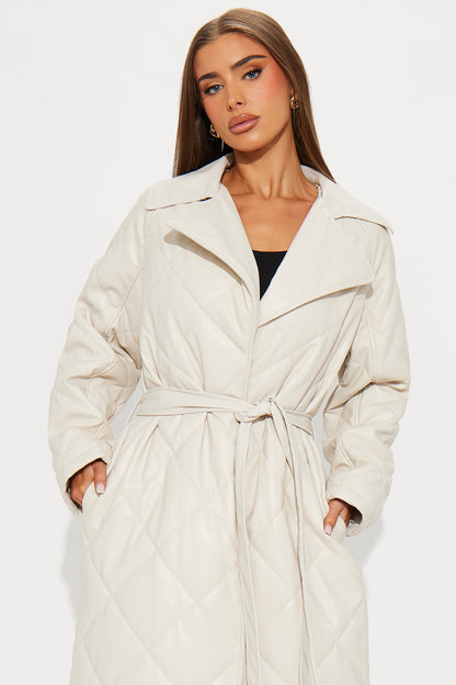 Fabiola Quilted Faux Leather Trench Coat - Stone