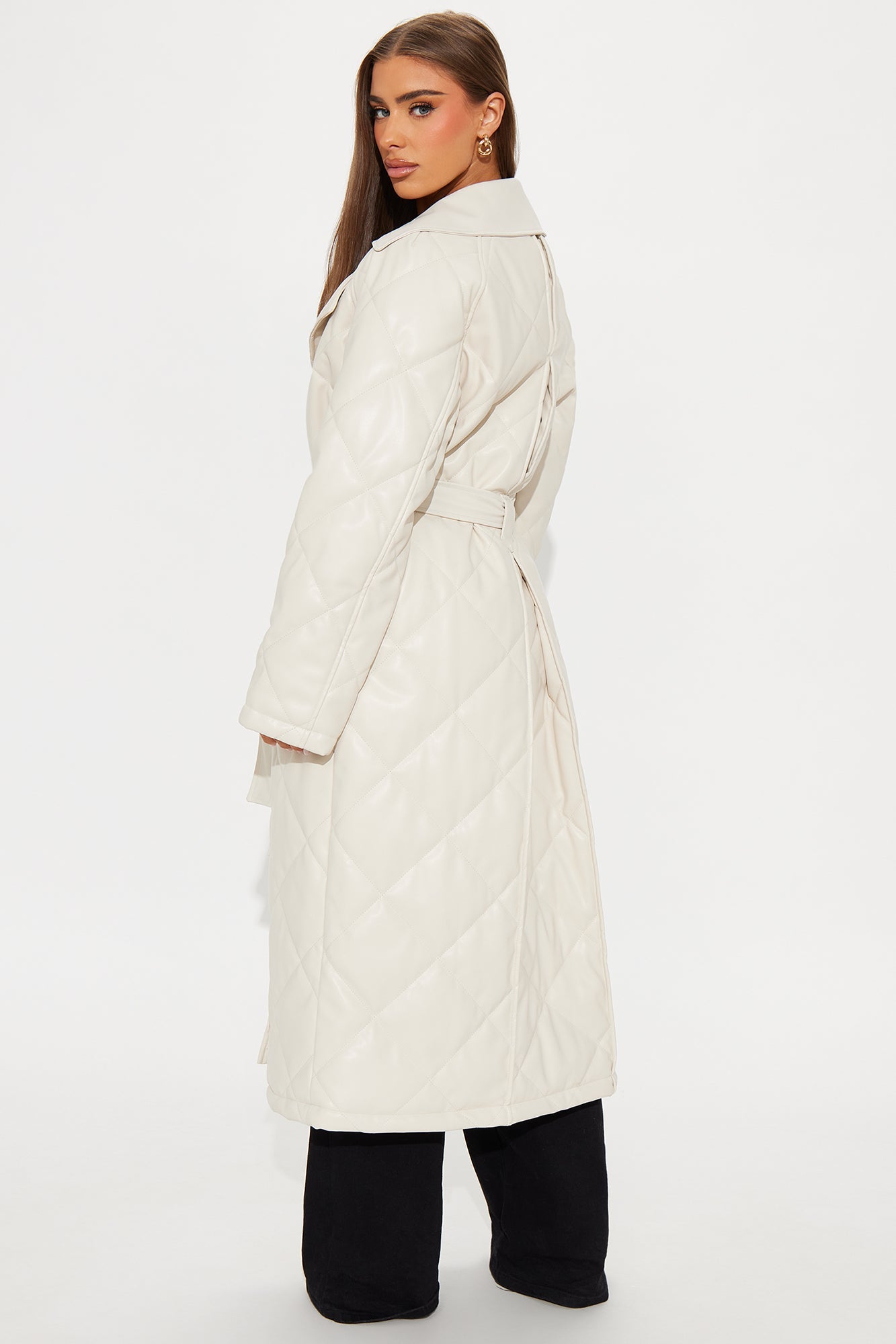 Fabiola Quilted Faux Leather Trench Coat - Stone