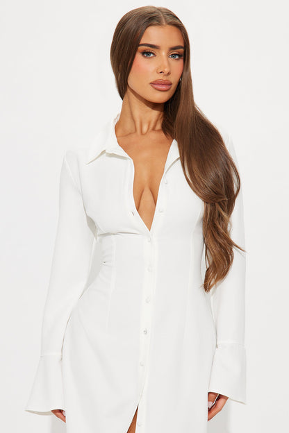 She Means Business Shirt Midi Dress - White