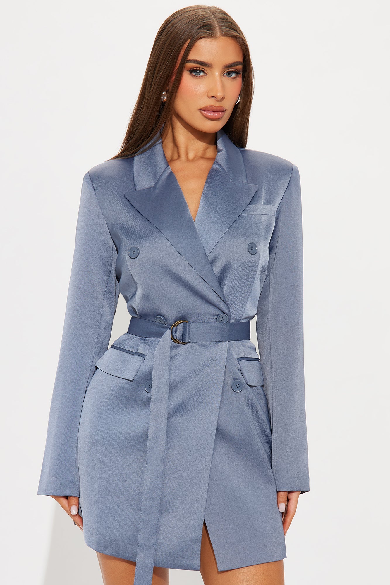 Run The Room Satin Blazer Mini Dress - Slate Grey