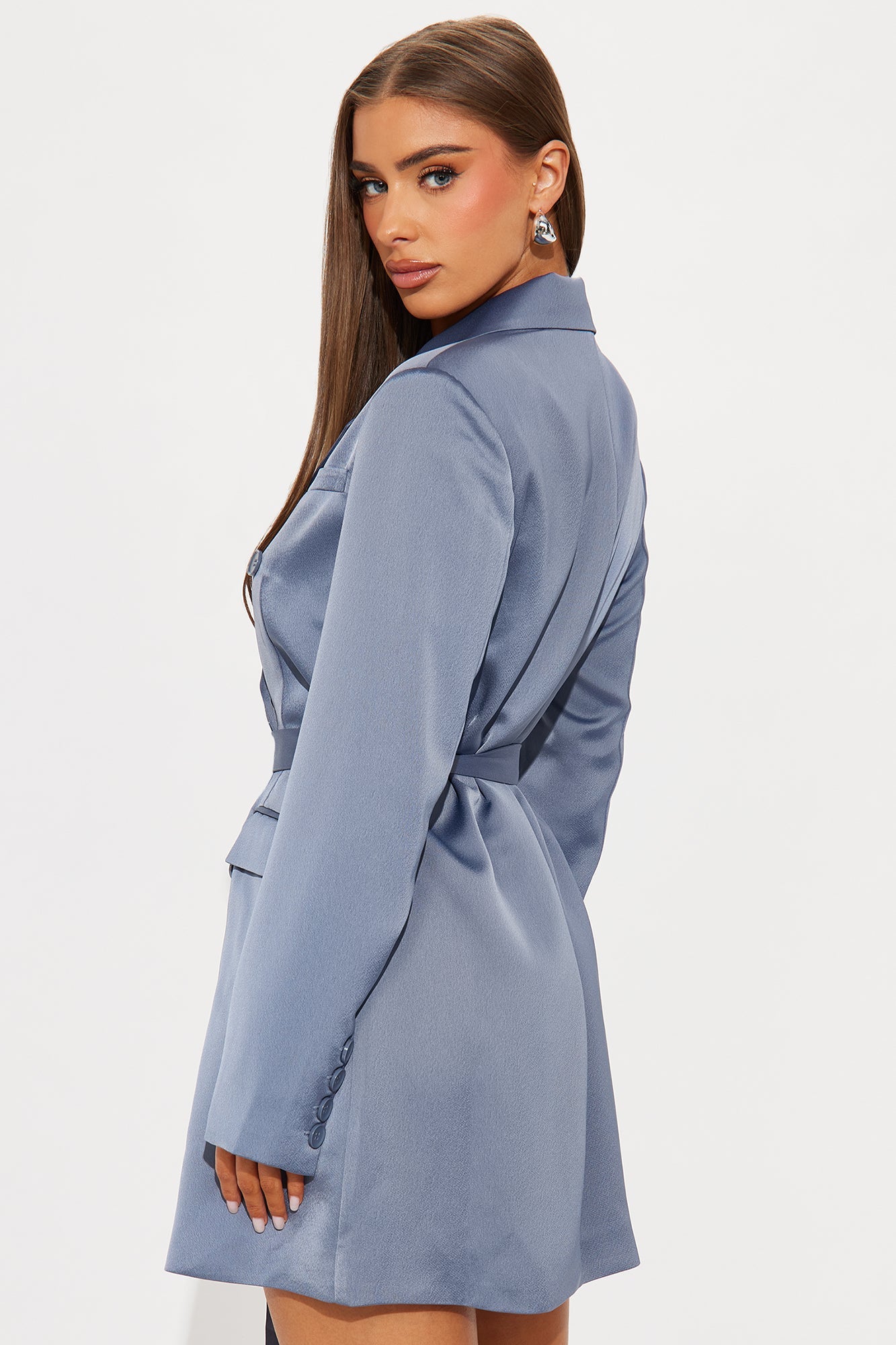 Run The Room Satin Blazer Mini Dress - Slate Grey