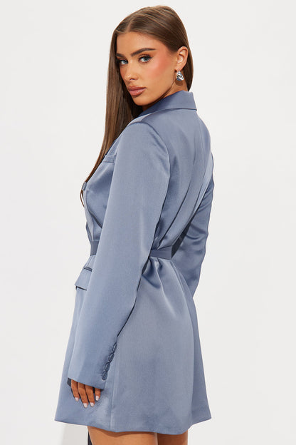 Run The Room Satin Blazer Mini Dress - Slate Grey