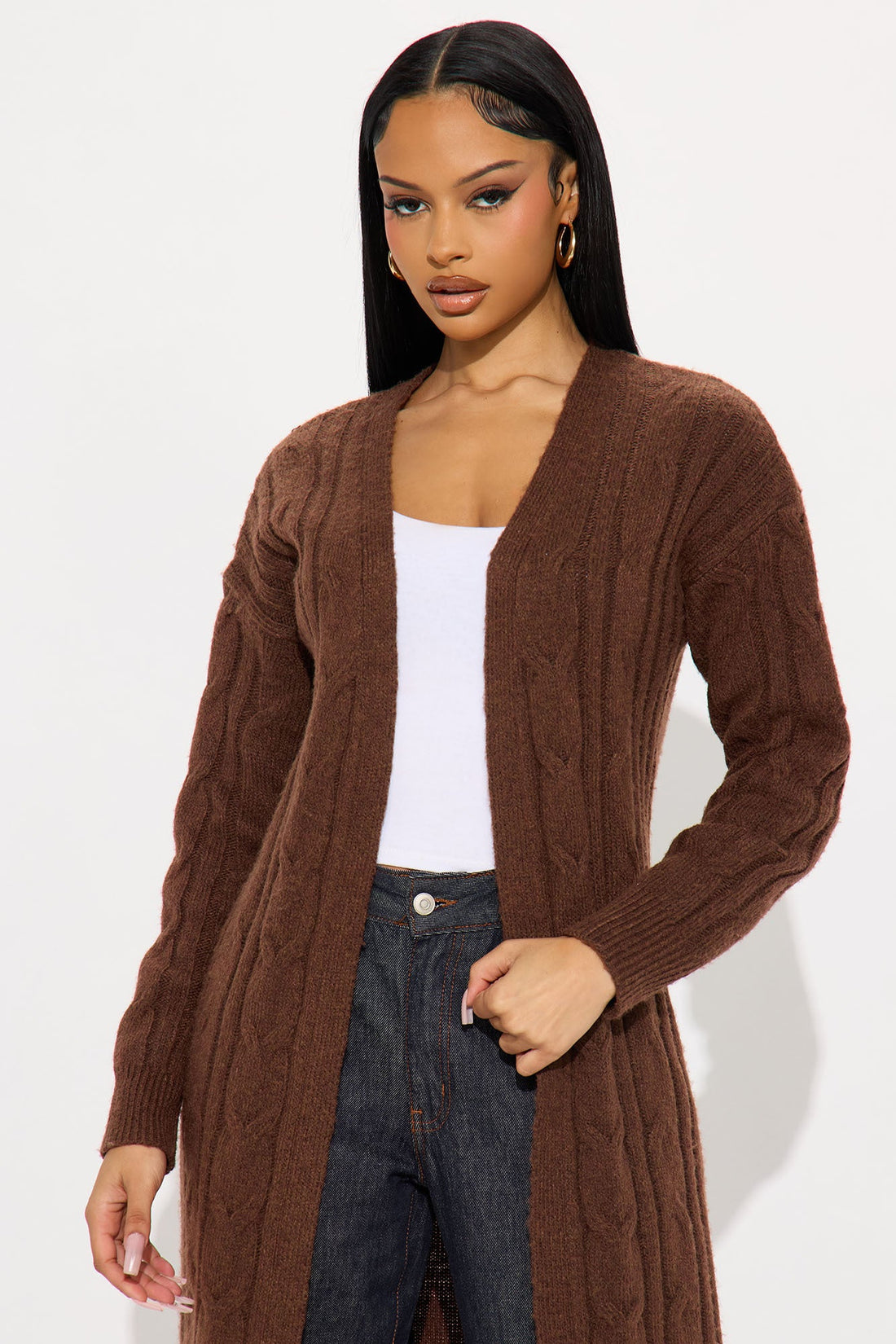 At Ease Cable Knit Long Cardigan - Chocolate