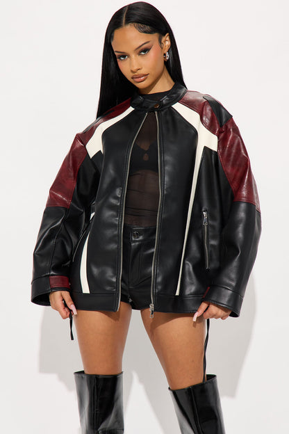 Joanna Oversized Faux Leather Moto Jacket - Black/combo