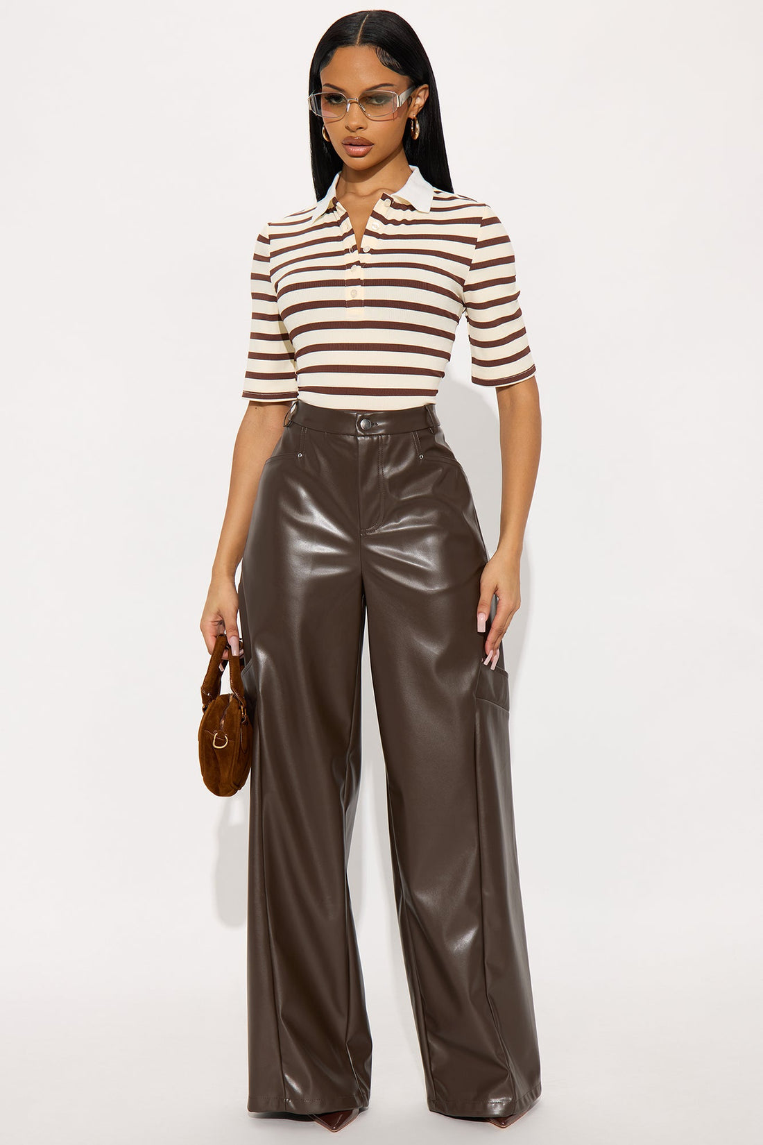 Cara Faux Leather Wide Leg Pant 33 - Brown