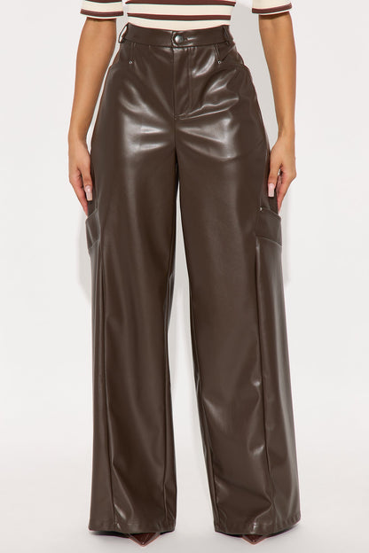 Cara Faux Leather Wide Leg Pant 33 - Brown