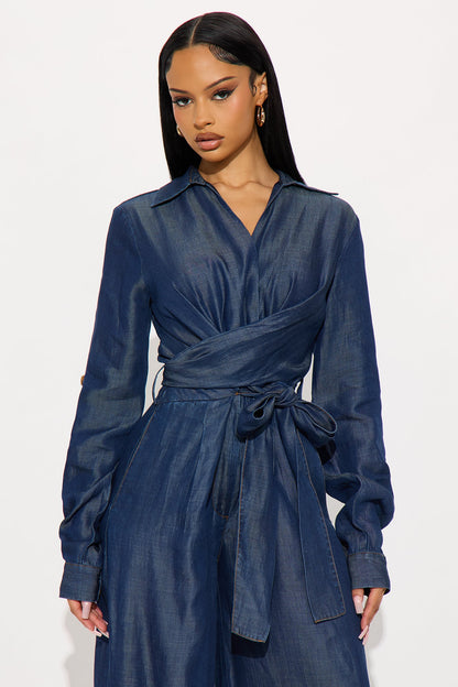 Ophelia Waist Tie Wide Leg Jumpsuit - Dark Wash