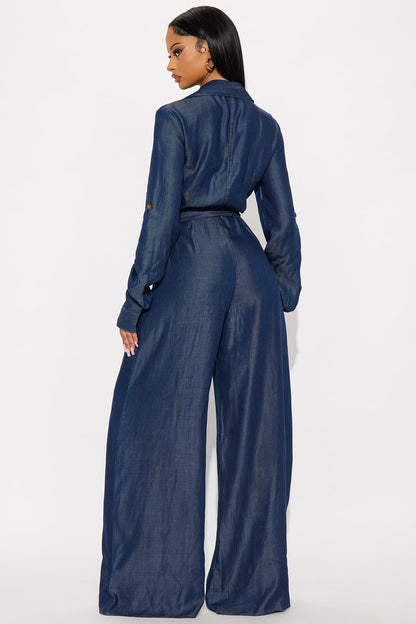 Ophelia Waist Tie Wide Leg Jumpsuit - Dark Wash