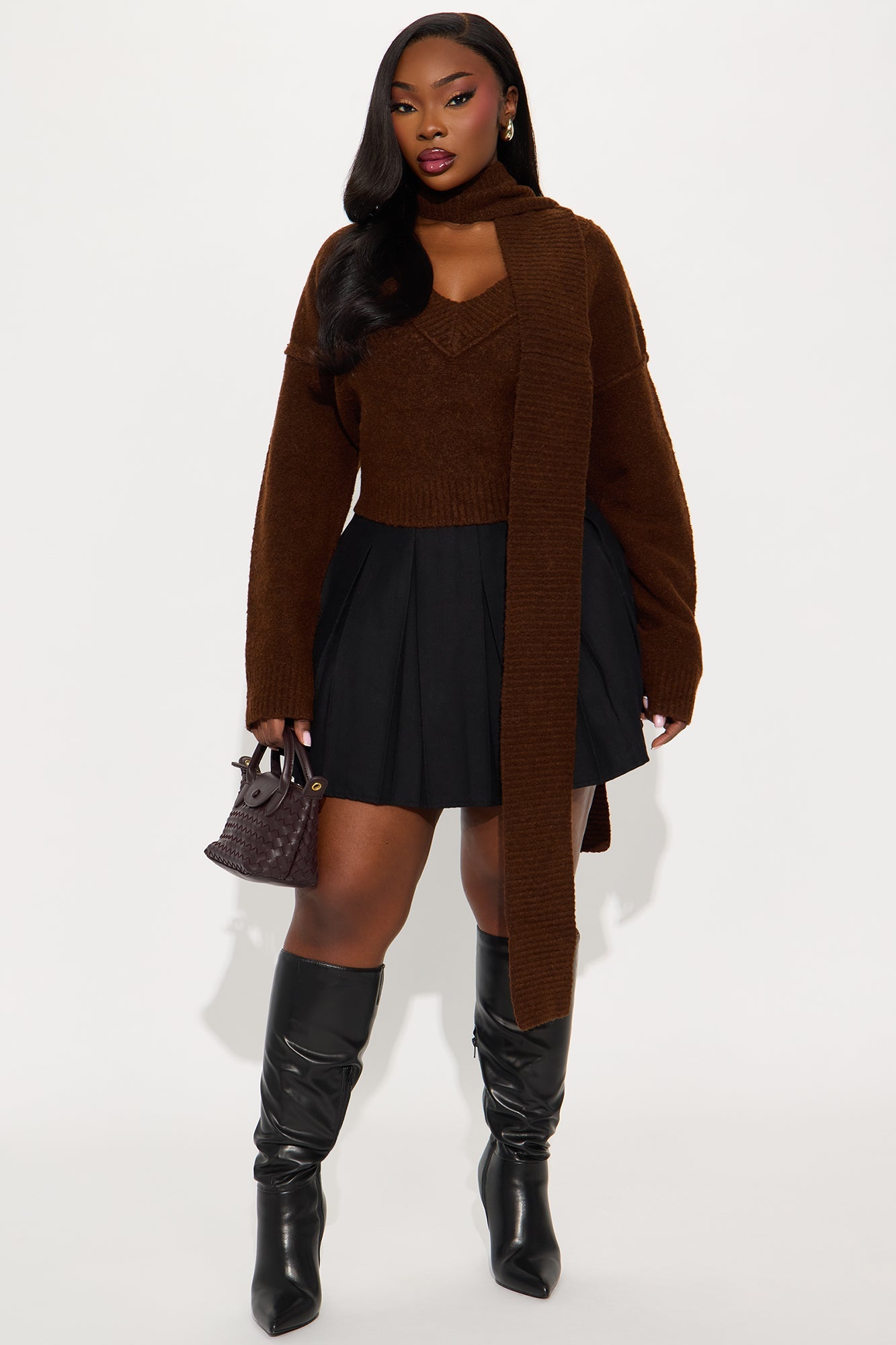 On Winter Time Neck Scarf Sweater - Chocolate