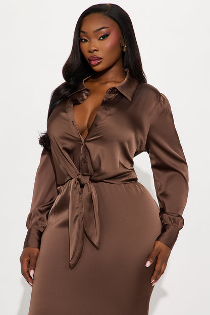 Naraya Collared Satin Maxi Shirt Dress - Chocolate
