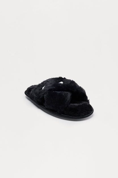 Piper Rhinestone Faux Fur Slippers - Black