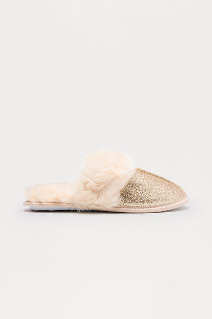 Bizzy Fur Trim Glitter Slippers - Gold